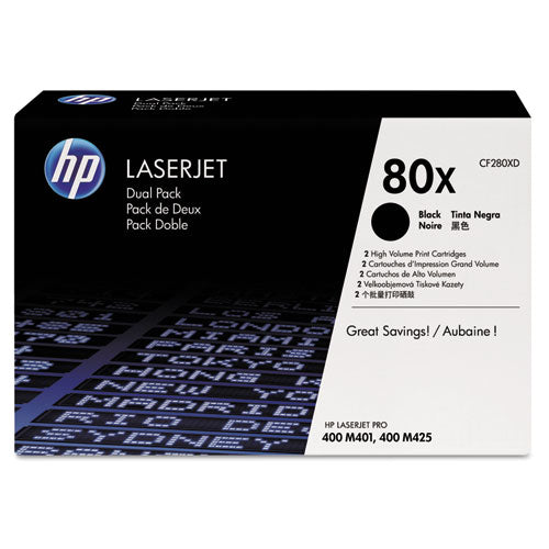 HP 80X, (CF280X-D) 2-Pack High-Yield Black Original LaserJet Toner Cartridges-(HEWCF280XD)