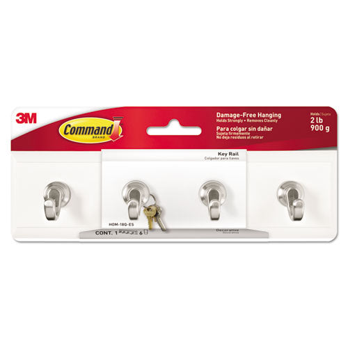 Decorative Key Rail, Plastic, Quartz/Silver, 8 x 1.5 x 2.13, 4 Hooks/Pack-(MMMHOM18QES)